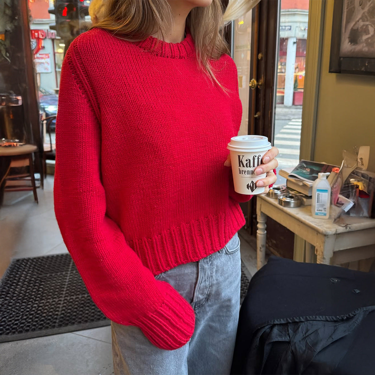 Cozy Drop Shoulder Crewneck Knit Sweater - Red