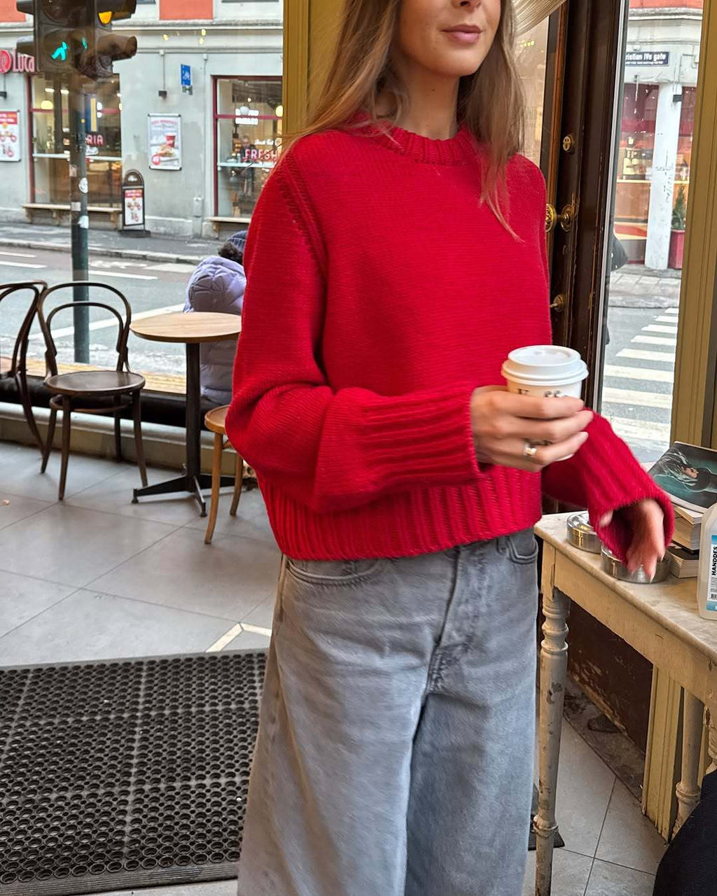 Cozy Drop Shoulder Crewneck Knit Sweater - Red - 1
