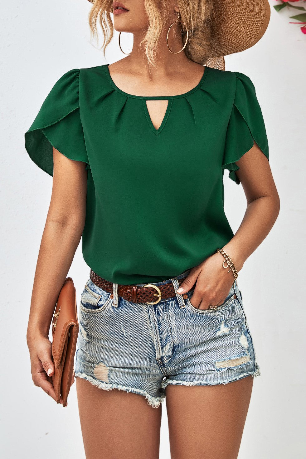 Green Keyhole Neck Petal Sleeve Blouse - Green