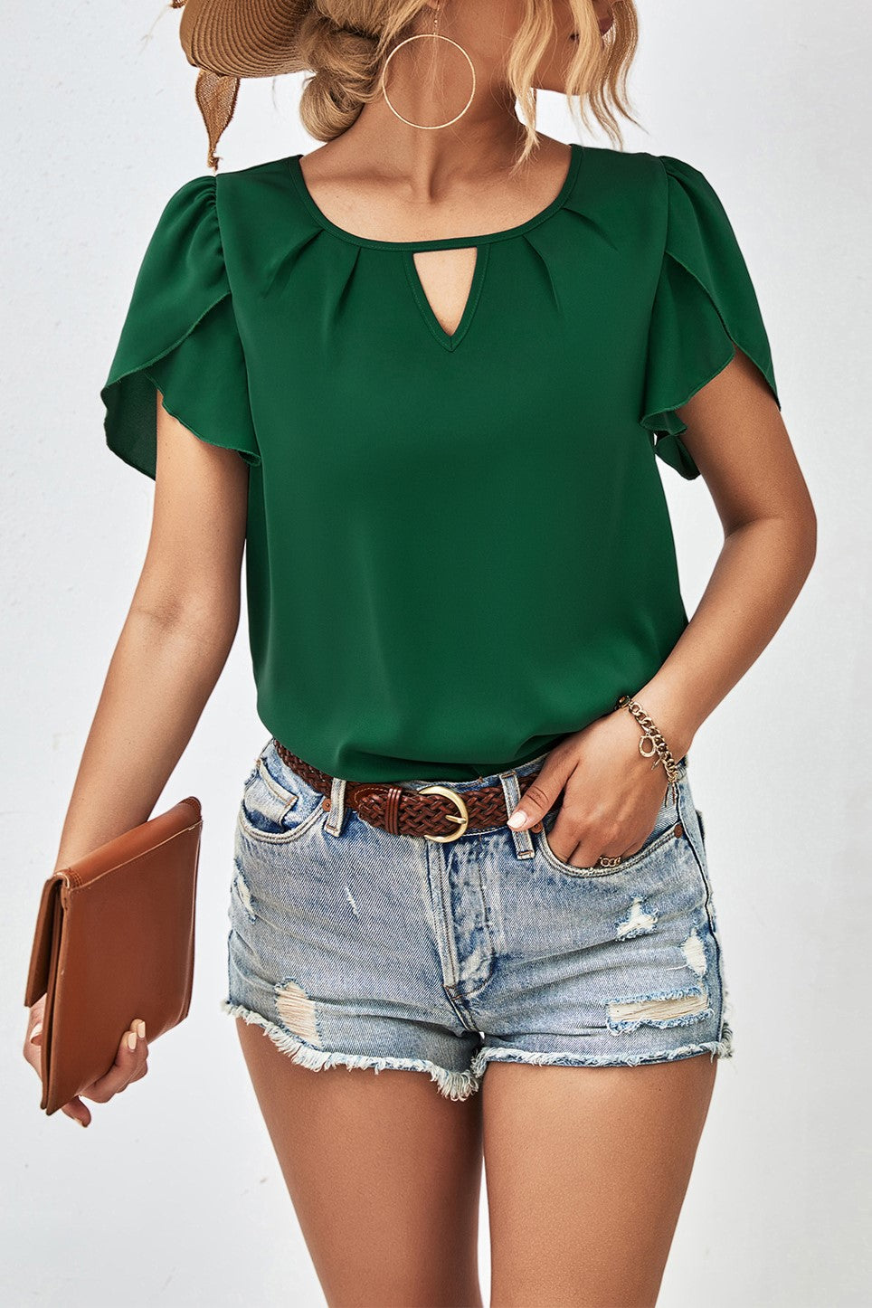 Green Keyhole Neck Petal Sleeve Blouse - Green - 1