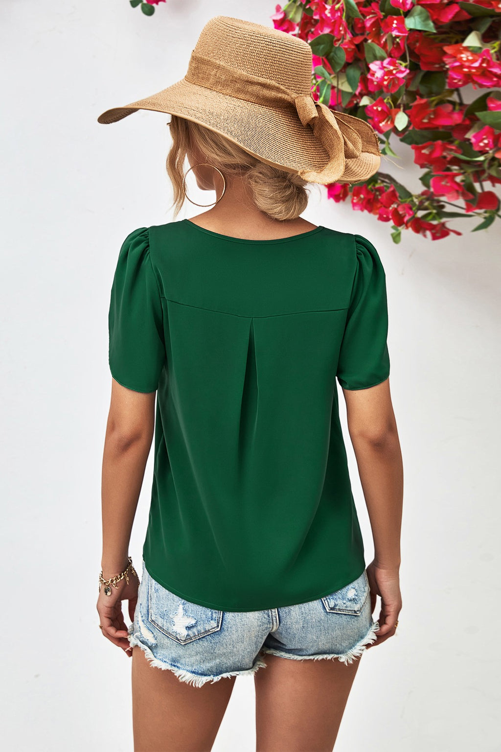 Green Keyhole Neck Petal Sleeve Blouse - Green - 2