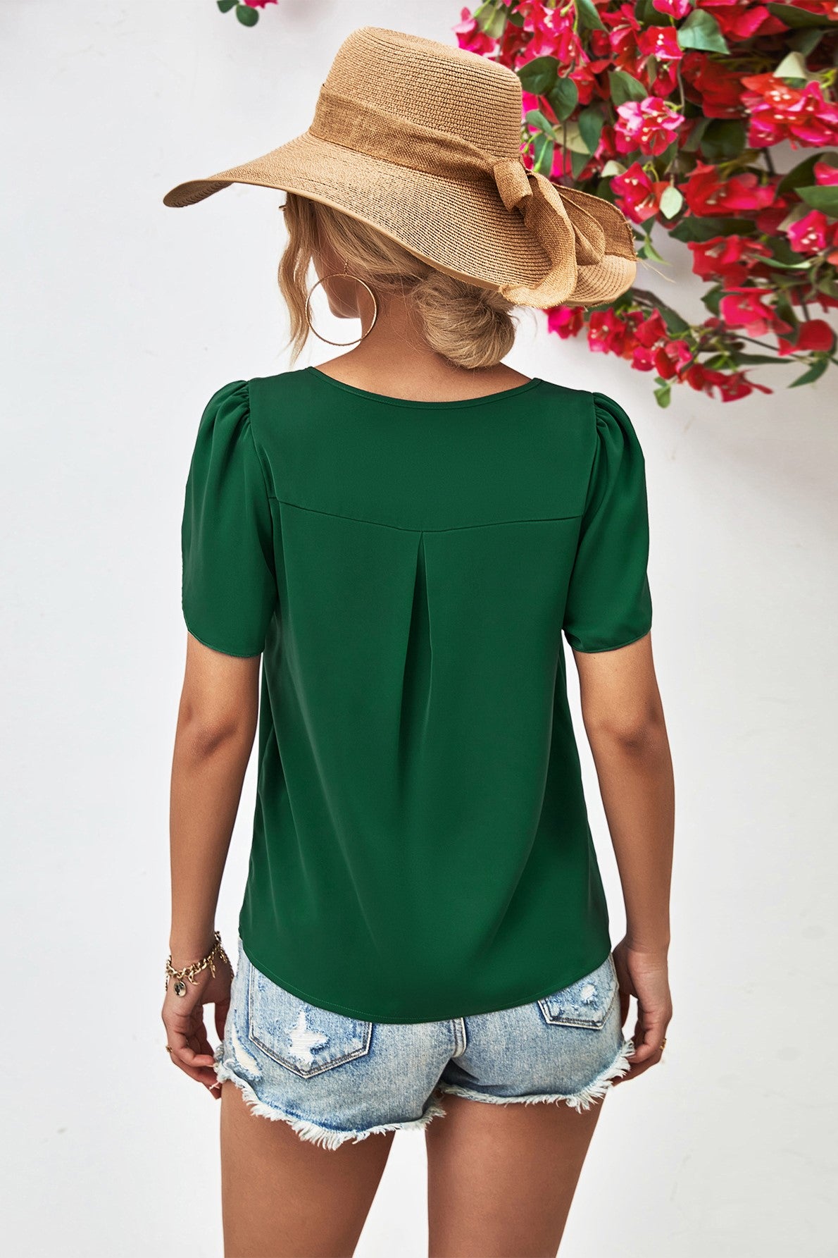 Green Keyhole Neck Petal Sleeve Blouse - Green - 2