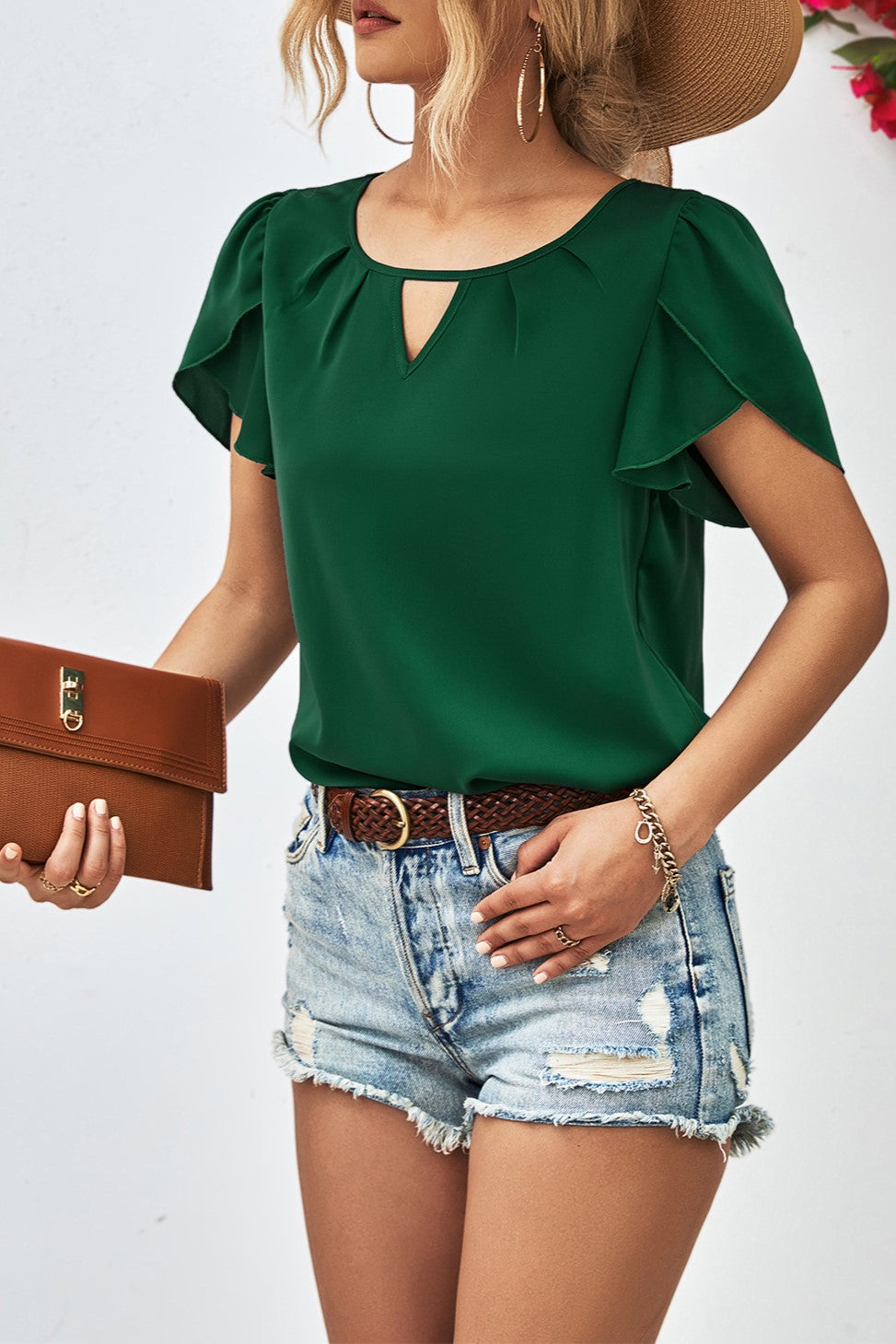 Green Keyhole Neck Petal Sleeve Blouse - Green - 4