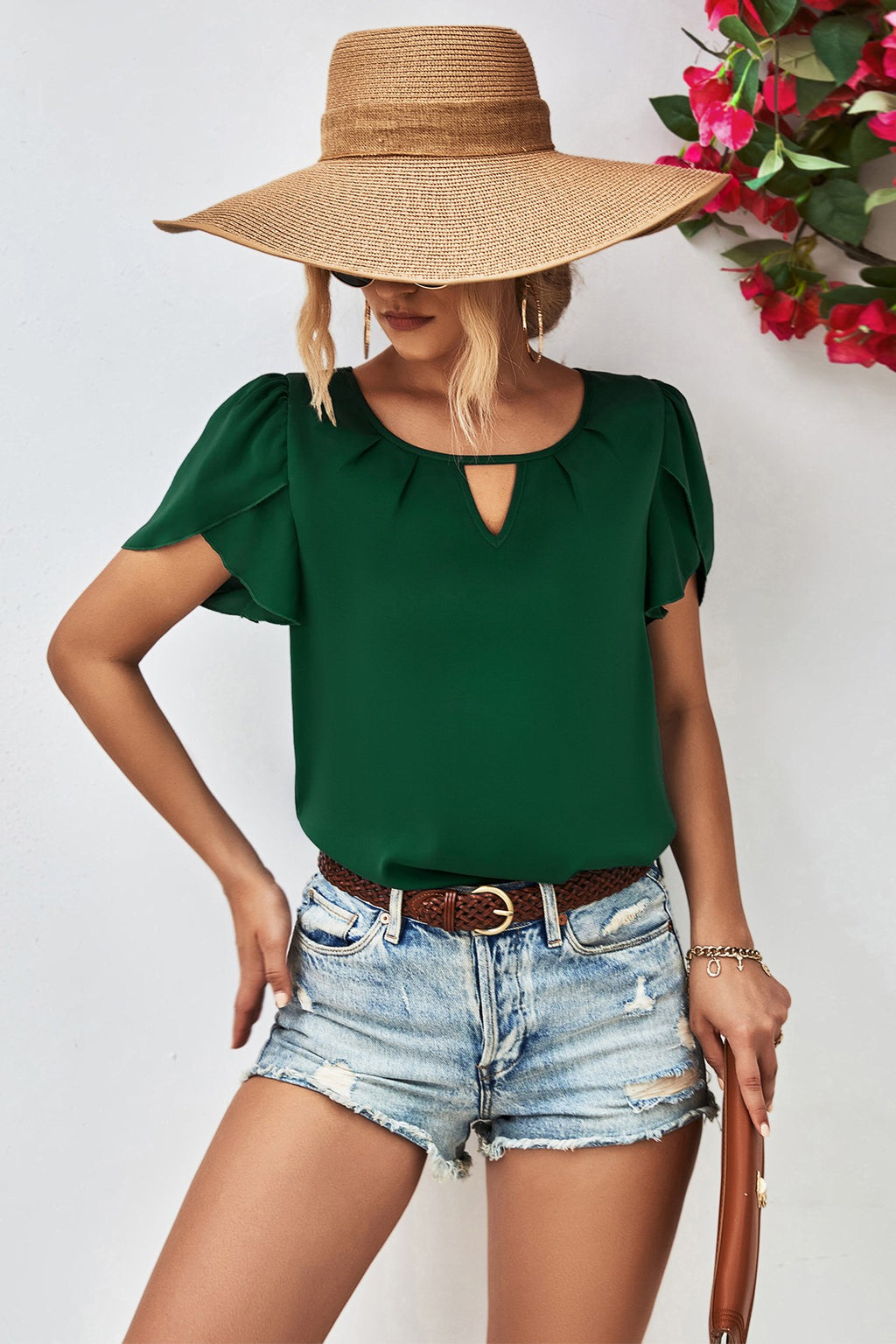Green Keyhole Neck Petal Sleeve Blouse - Green - 5