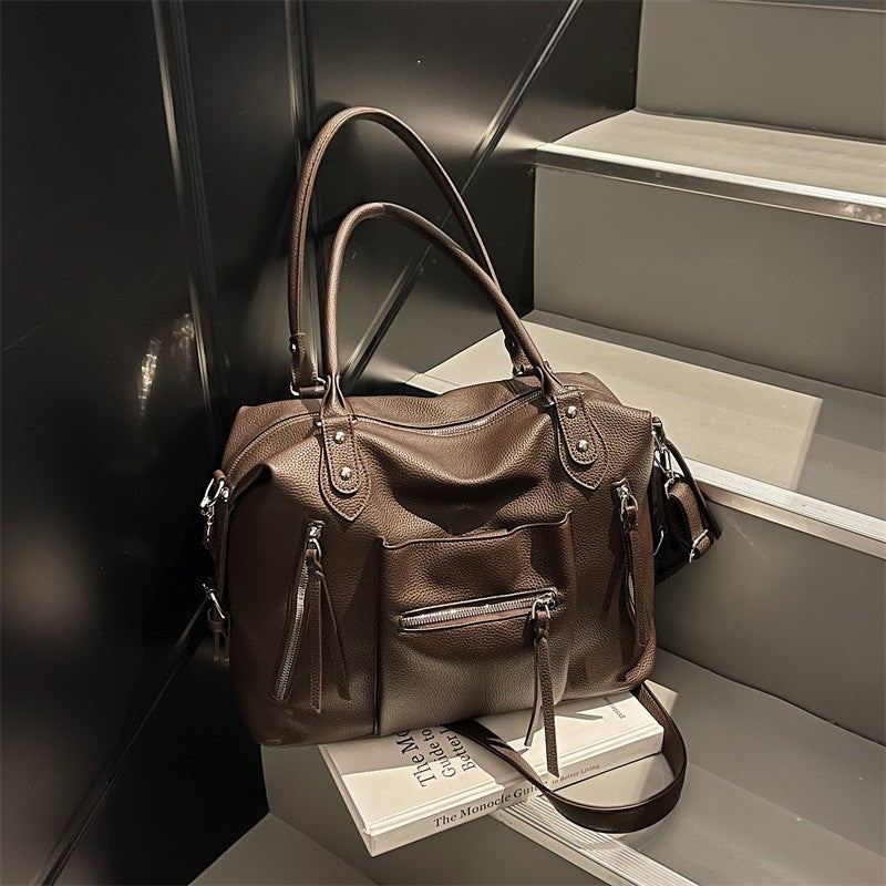 Slouchy Moto Bowling Bag with Zip Pockets - Chocolate