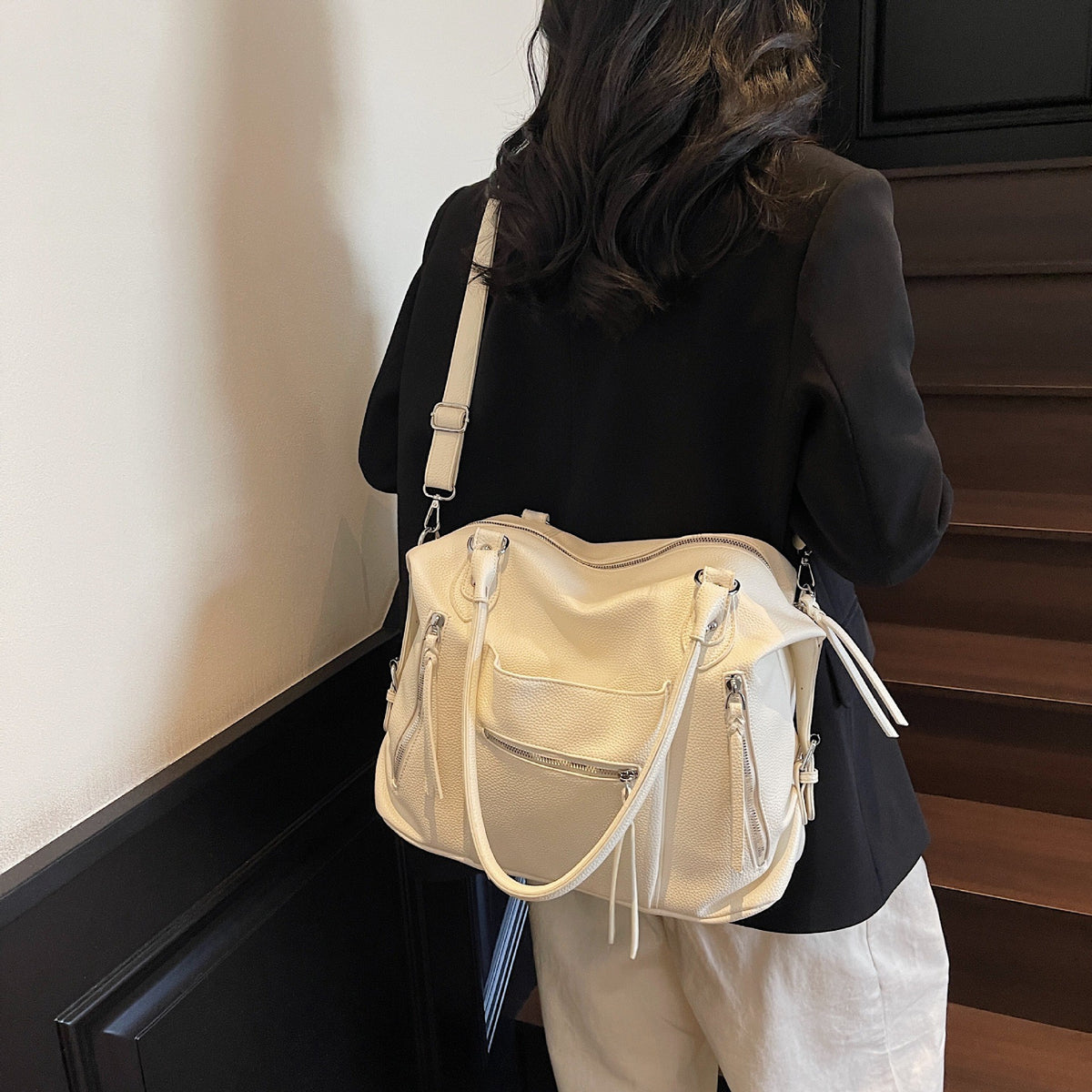 Slouchy Moto Bowling Bag with Zip Pockets
