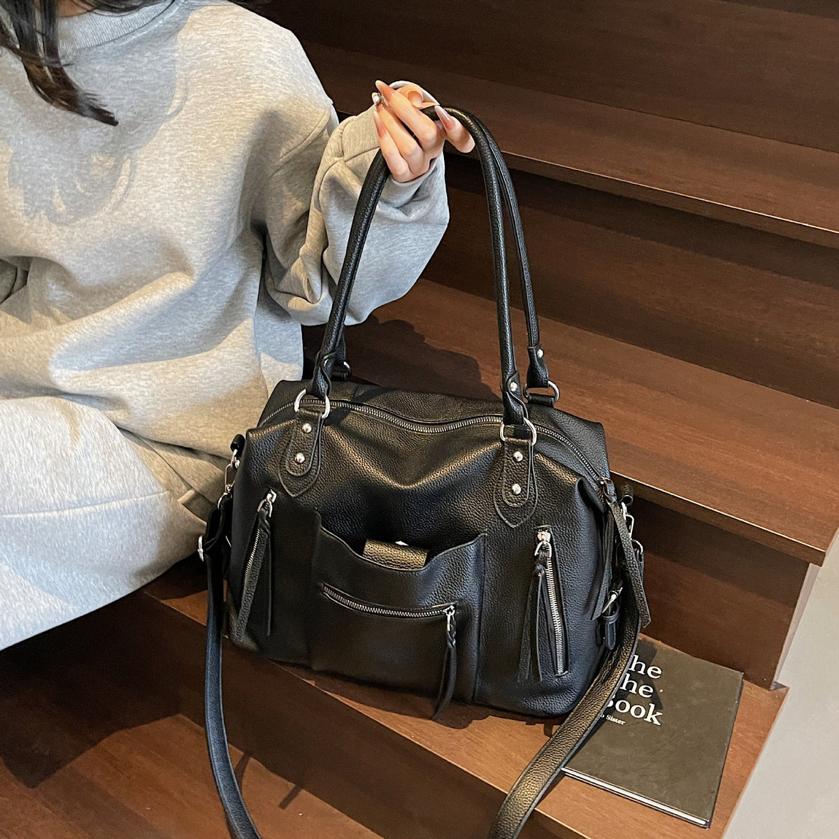 Slouchy Moto Bowling Bag with Zip Pockets