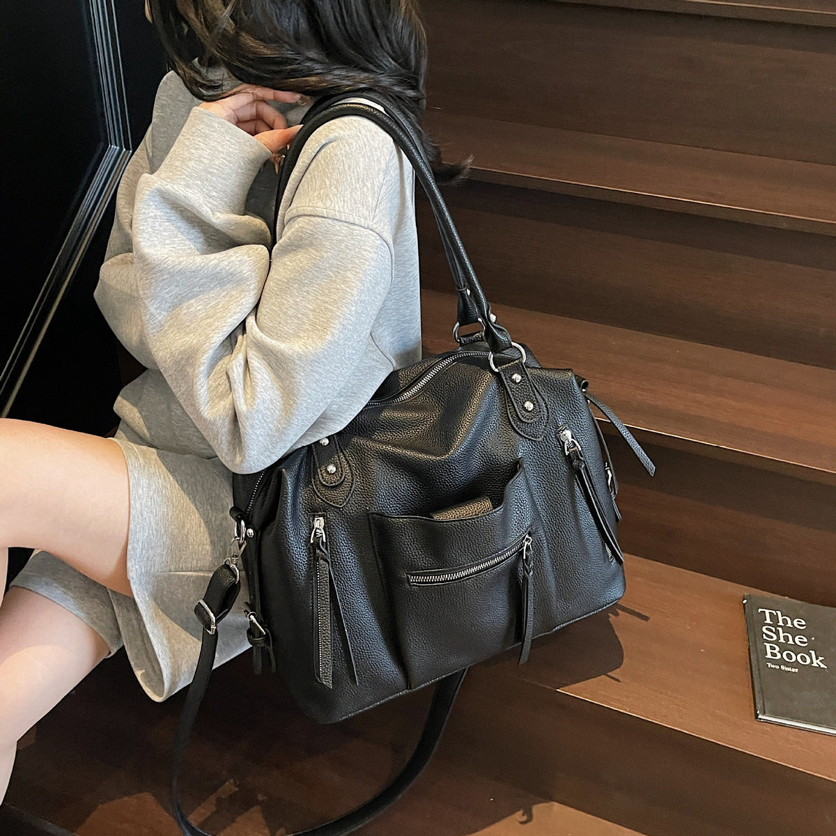 Slouchy Moto Bowling Bag with Zip Pockets