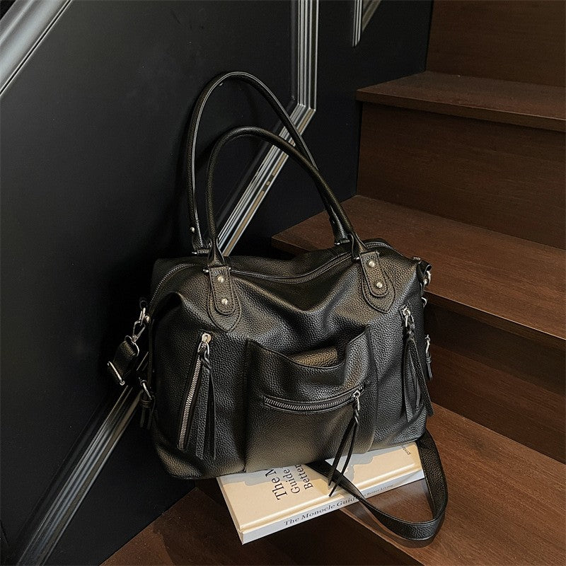 Slouchy Moto Bowling Bag with Zip Pockets