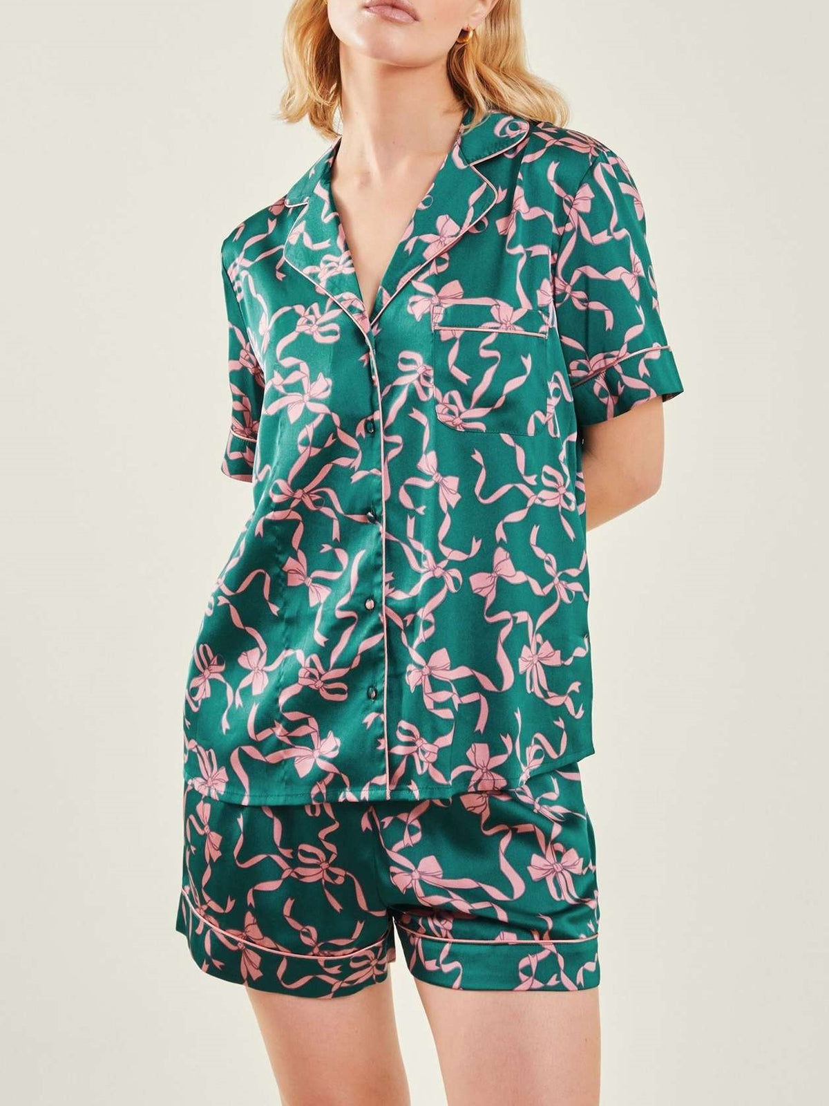 Bow Print Camp Shirt And Shorts Set - Green