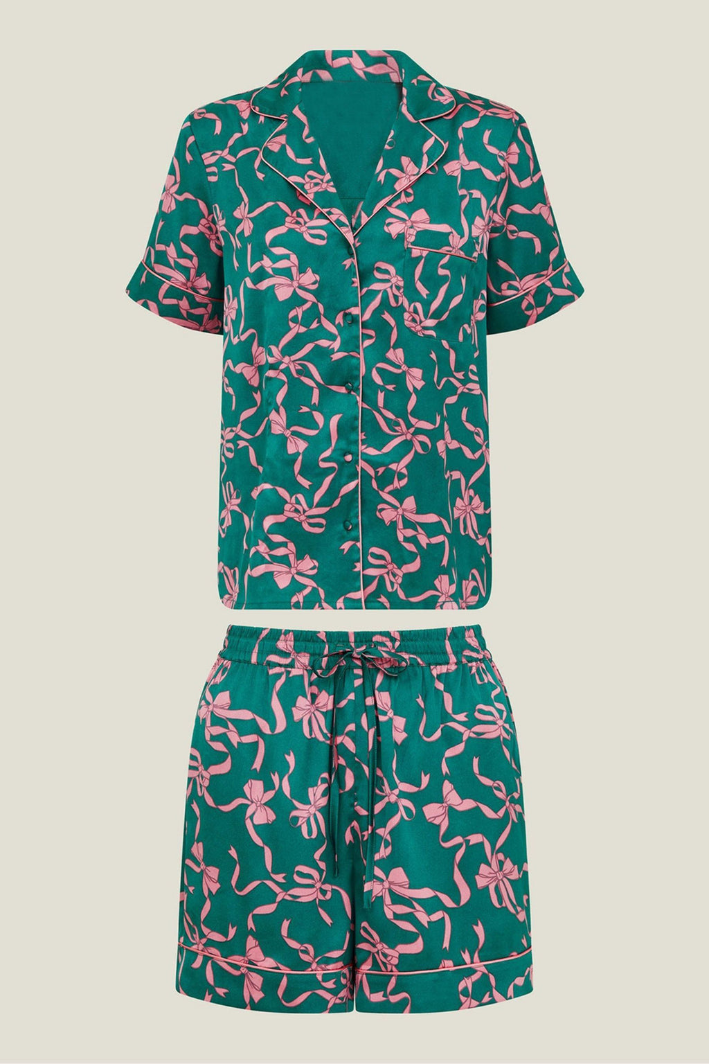 Bow Print Camp Shirt And Shorts Set - Green - 1