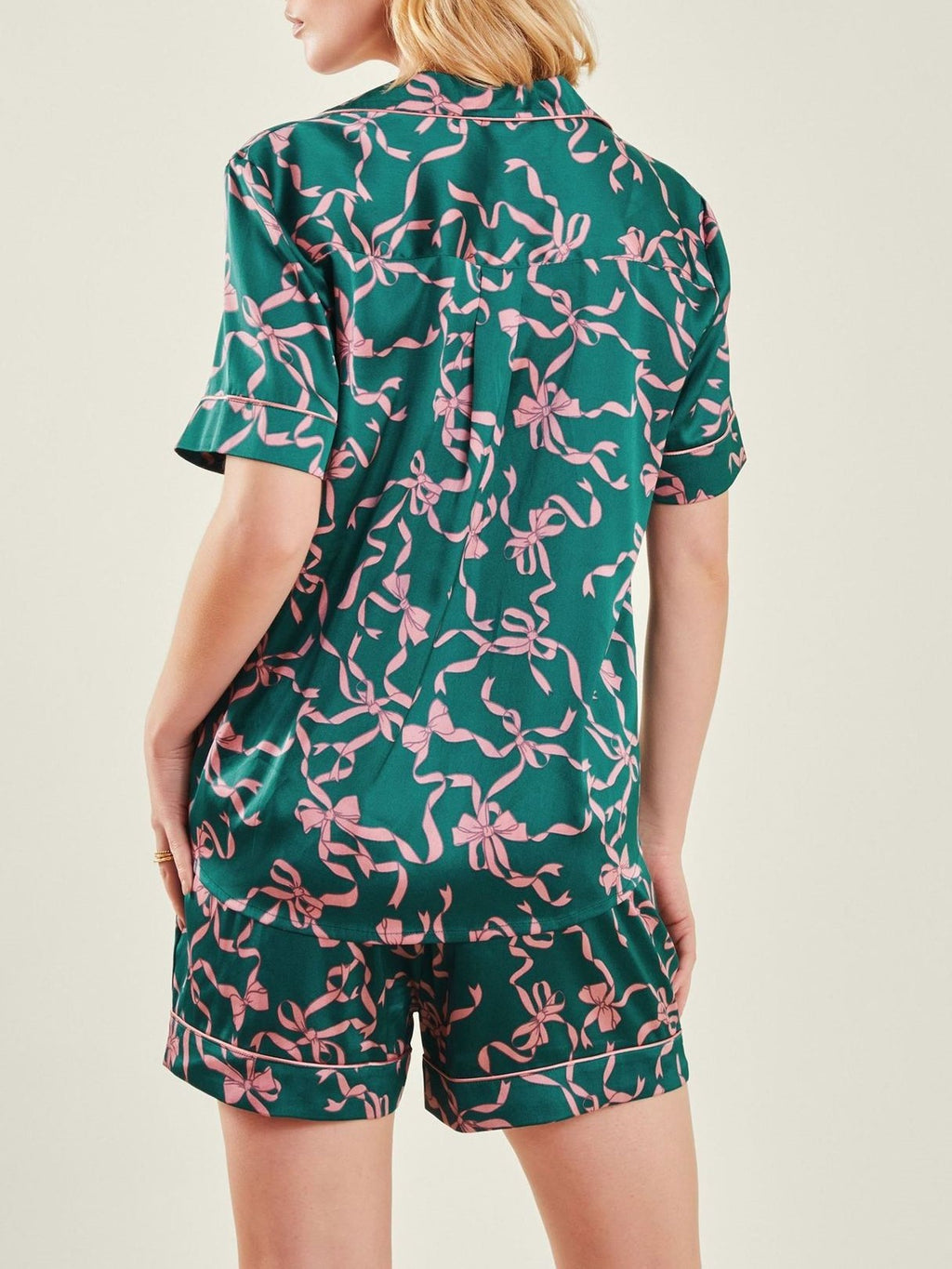 Bow Print Camp Shirt And Shorts Set - Green - 2