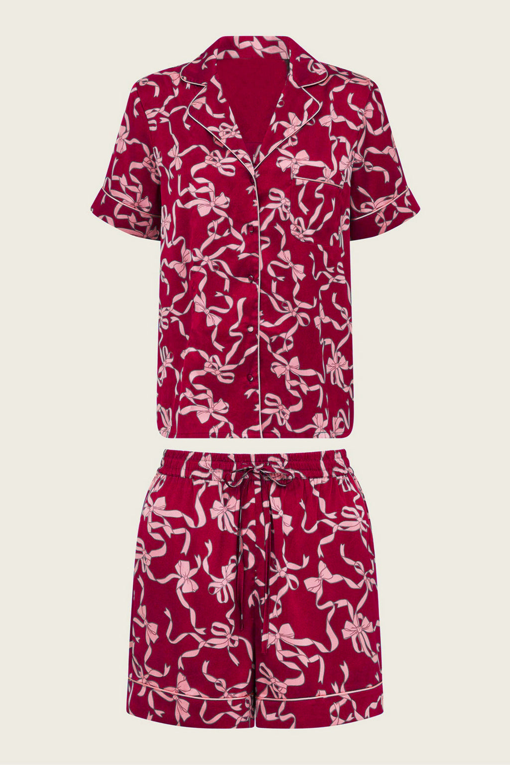 Bow Print Camp Shirt And Shorts Set - Red