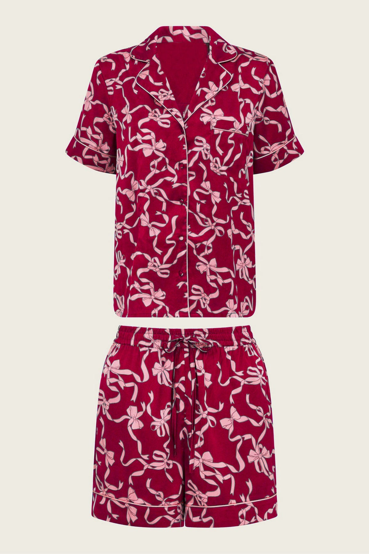 Bow Print Camp Shirt And Shorts Set - Red