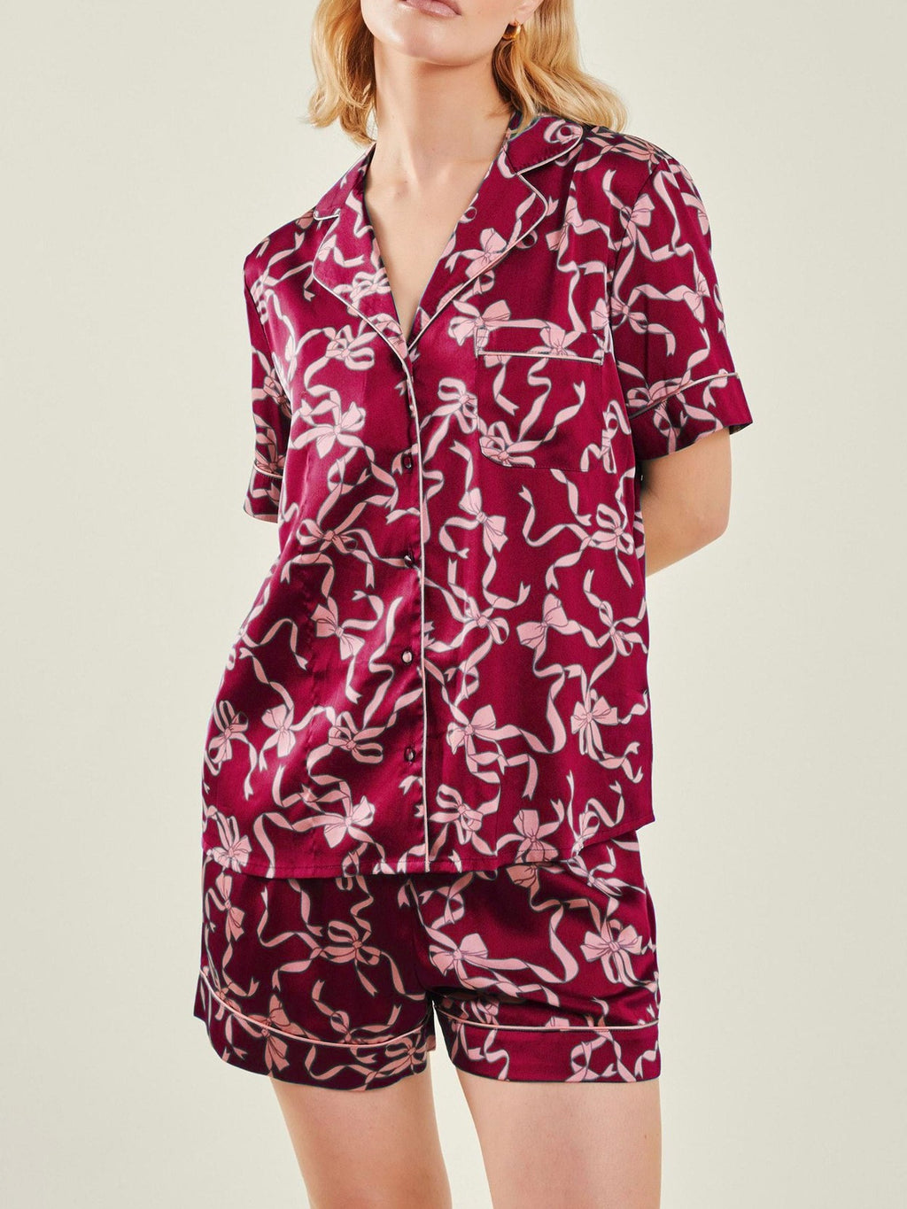 Bow Print Camp Shirt And Shorts Set - Red - 1