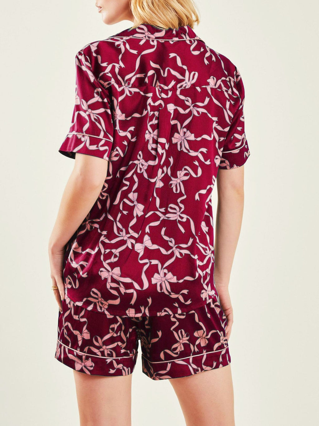 Bow Print Camp Shirt And Shorts Set - Red - 2