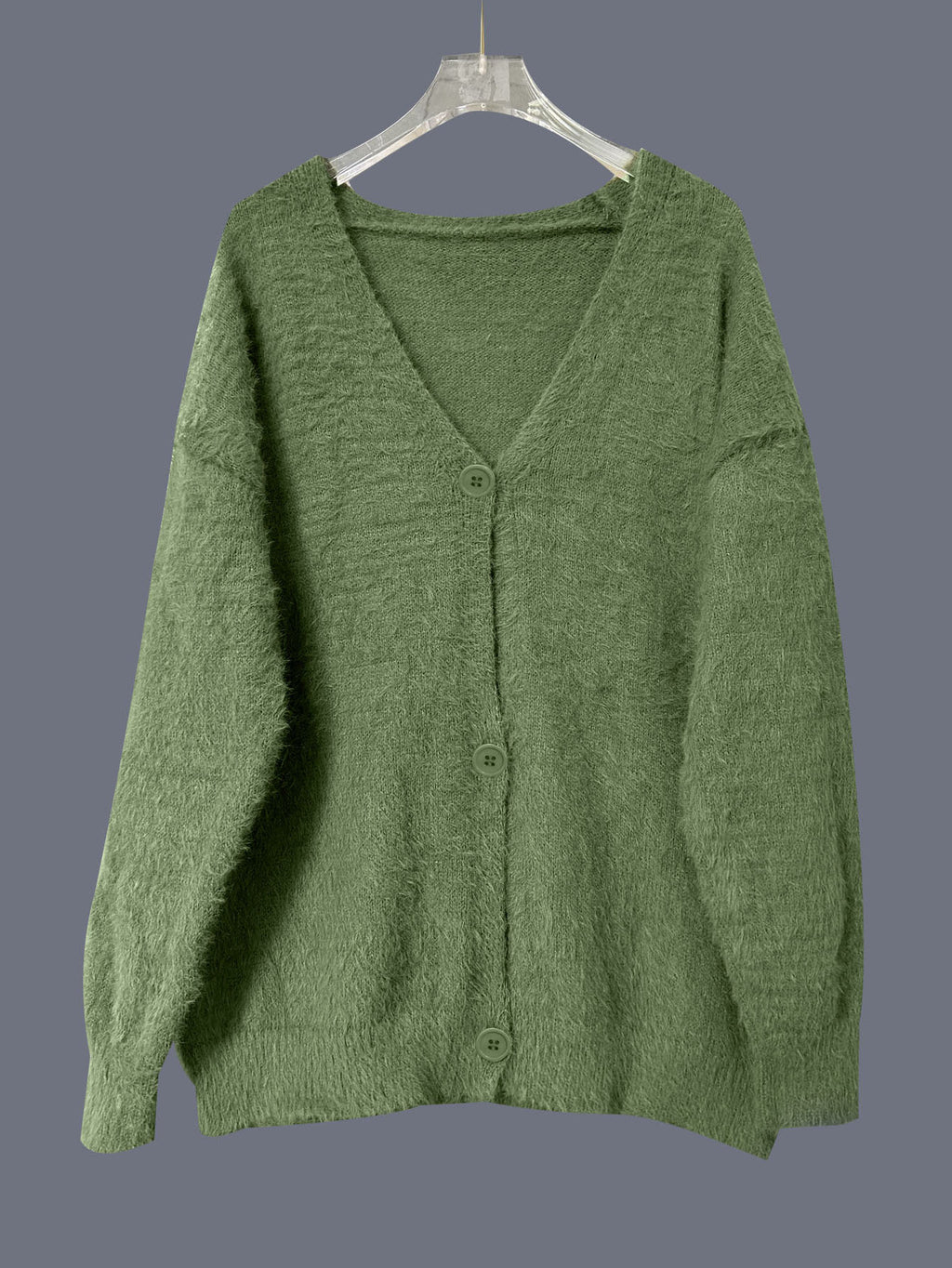 Fuzzy Oversized V-Neck Drop Shoulder Cardigan - Green