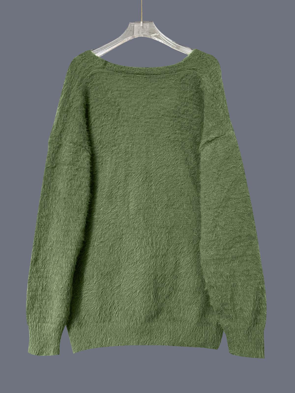 Fuzzy Oversized V-Neck Drop Shoulder Cardigan - Green - 1