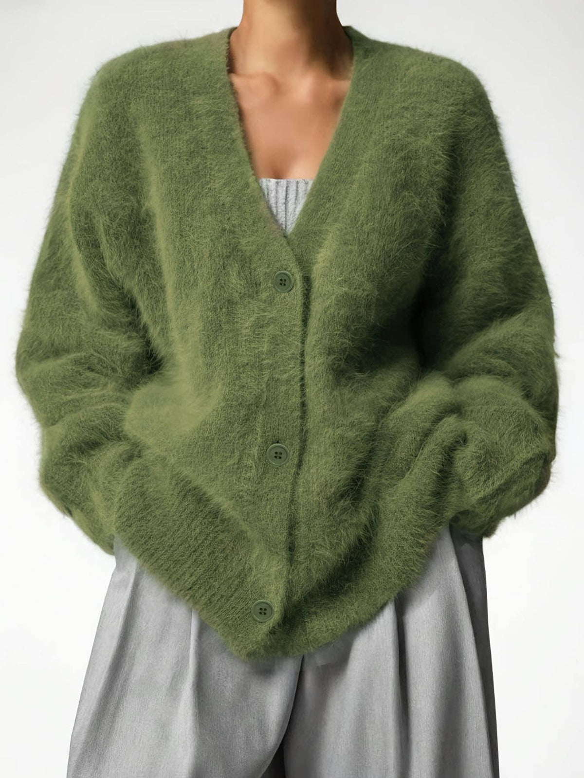 Fuzzy Oversized V-Neck Drop Shoulder Cardigan