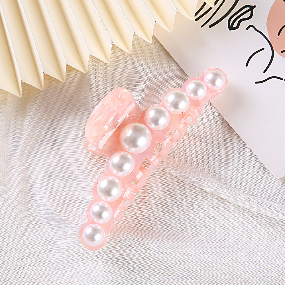Pearl Trim Acetate Hair Claw Clip - Pink_L