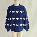 Heart Motif Crewneck Pullover Sweater - DarkBlue