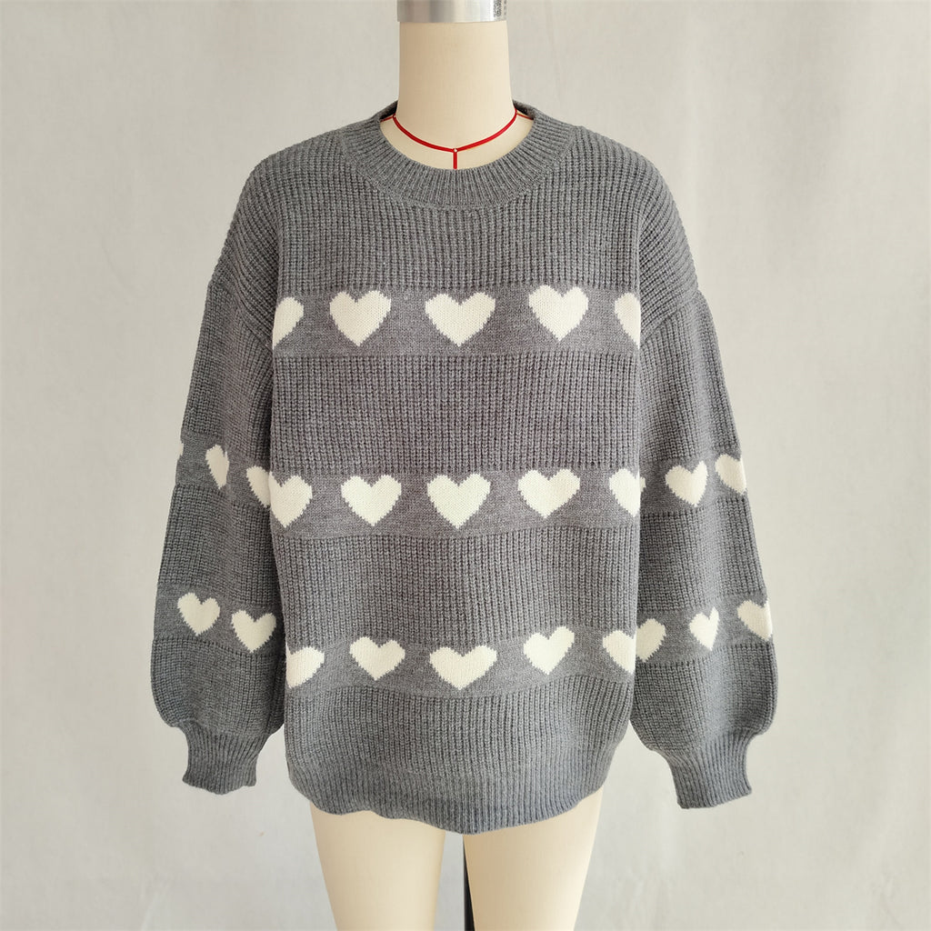 Heart Motif Crewneck Pullover Sweater - DarkGrey
