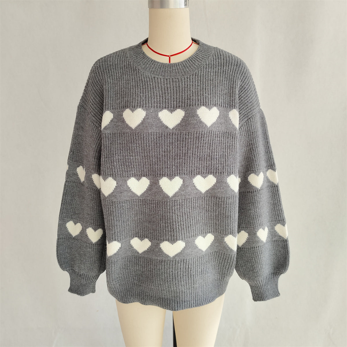 Heart Motif Crewneck Pullover Sweater - DarkGrey
