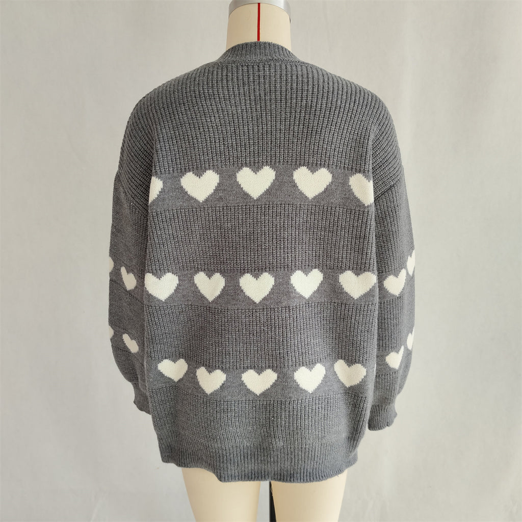 Heart Motif Crewneck Pullover Sweater - DarkGrey - 1