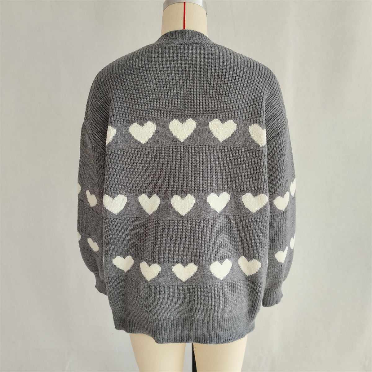 Heart Motif Crewneck Pullover Sweater - DarkGrey - 1