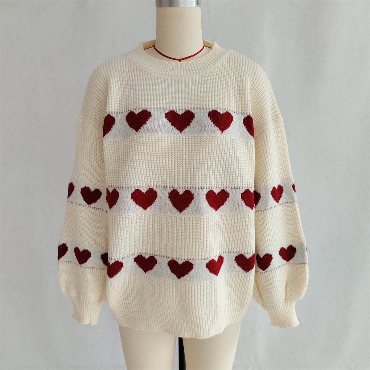 Heart Motif Crewneck Pullover Sweater - White - 3