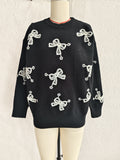 Bow Embroidered Crewneck Knit Sweater - Black