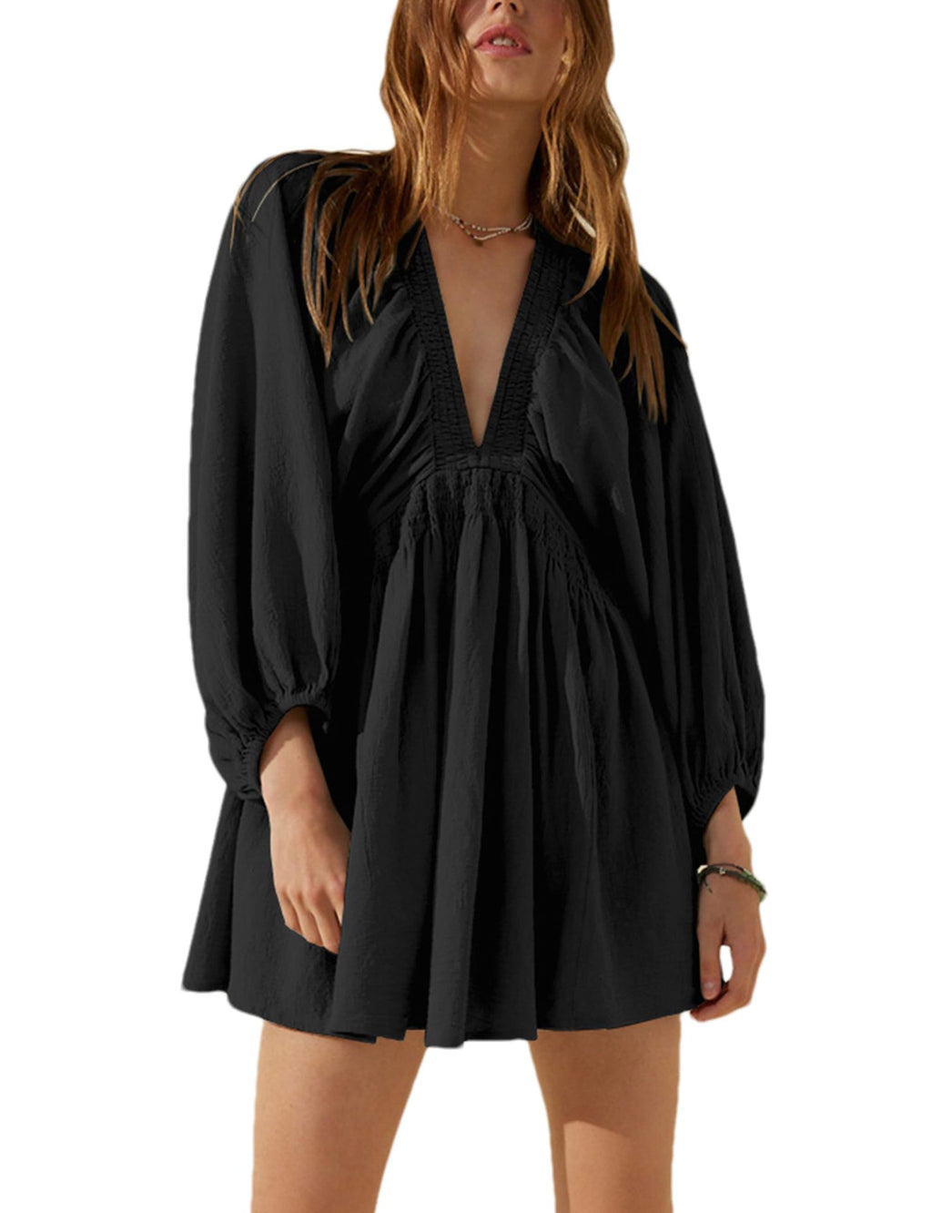 Deep V Puff Sleeve Babydoll Mini Dress - Black