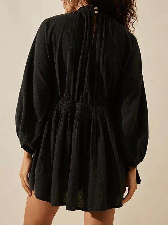 Deep V Puff Sleeve Babydoll Mini Dress - Black - 1