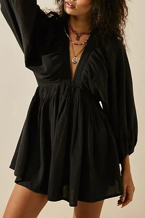 Deep V Puff Sleeve Babydoll Mini Dress - Black - 2