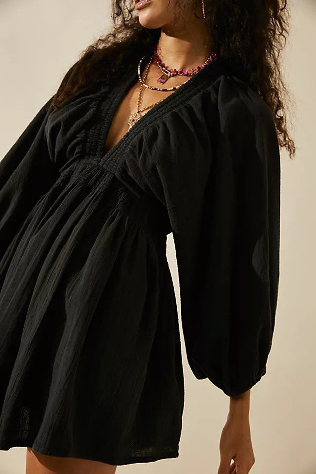 Deep V Puff Sleeve Babydoll Mini Dress - Black - 3