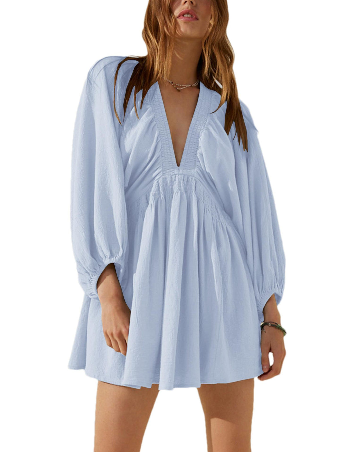 Deep V Puff Sleeve Babydoll Mini Dress - LTBlue