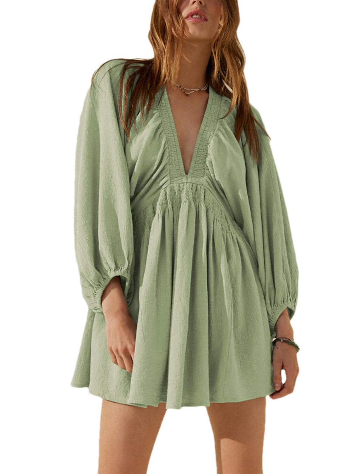 Deep V Puff Sleeve Babydoll Mini Dress - Pistachio