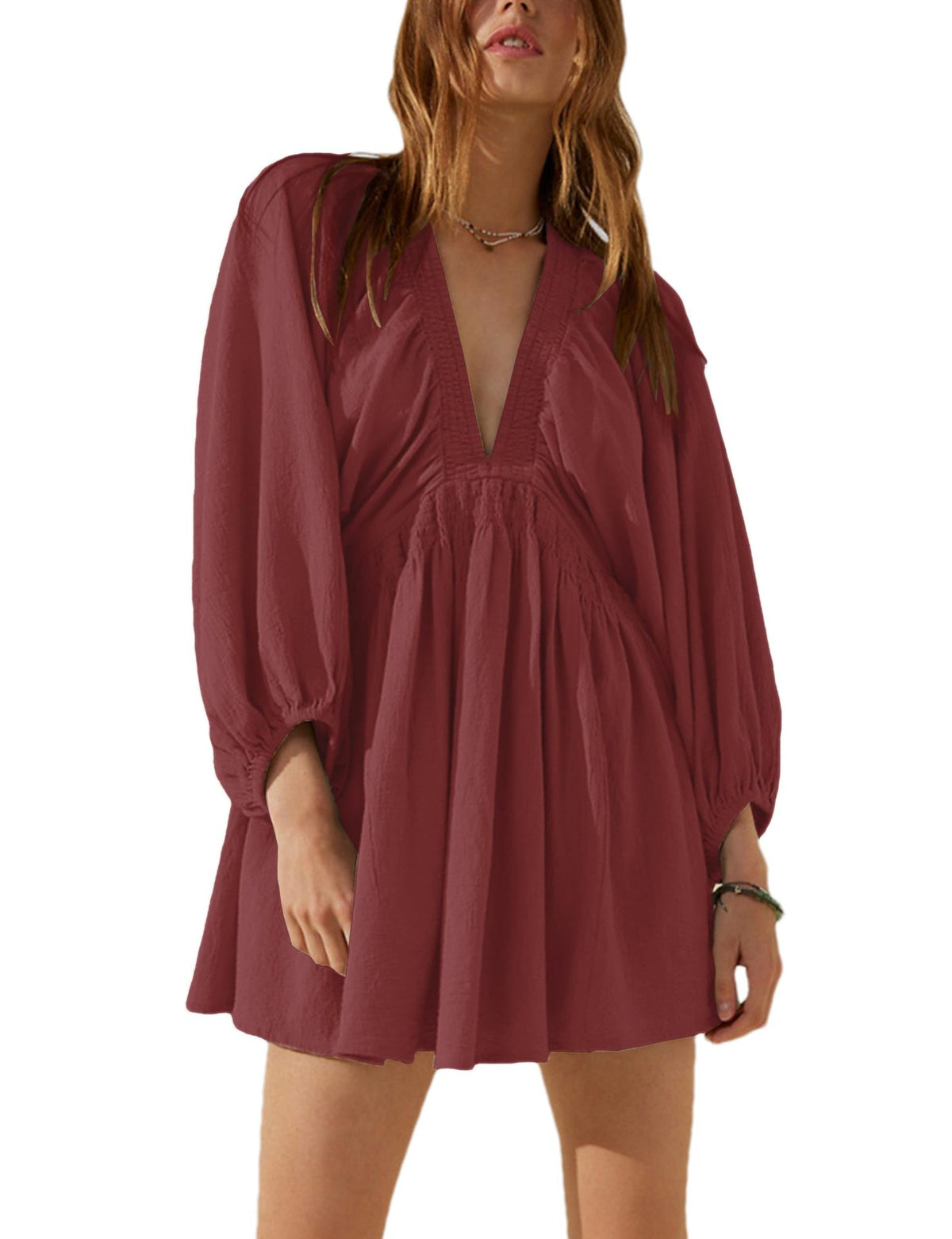 Deep V Puff Sleeve Babydoll Mini Dress - Rust