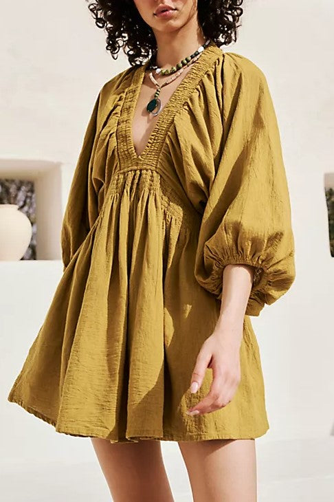 Deep V Puff Sleeve Babydoll Mini Dress - Yellow