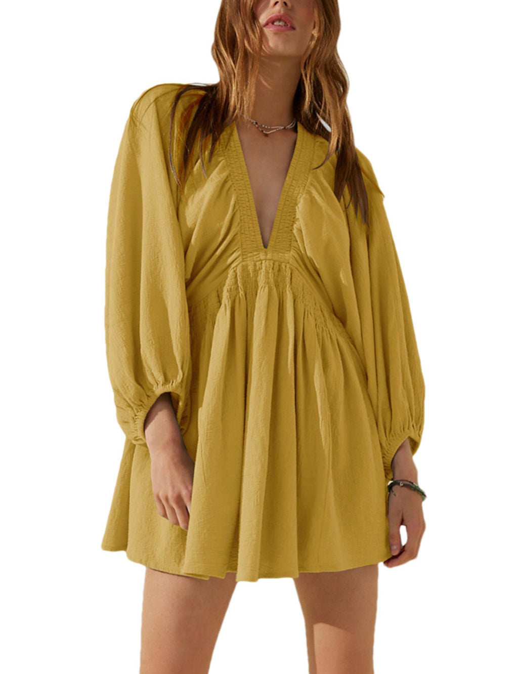 Deep V Puff Sleeve Babydoll Mini Dress - Yellow - 1