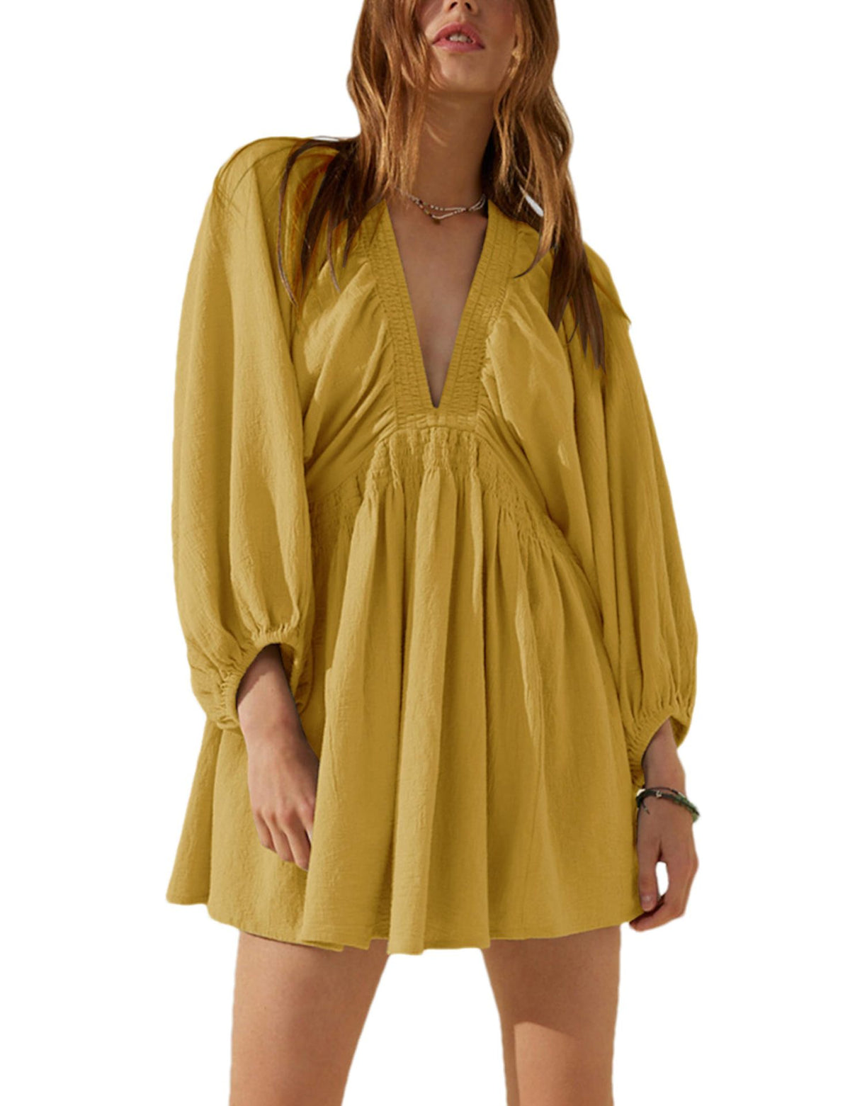 Deep V Puff Sleeve Babydoll Mini Dress - Yellow - 1