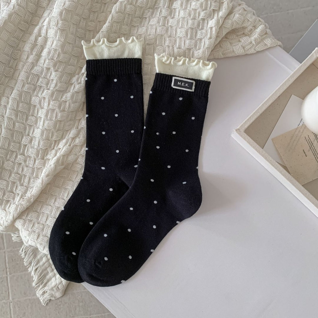 Dotted Lettuce Hem Ribbed Crew Socks - Black