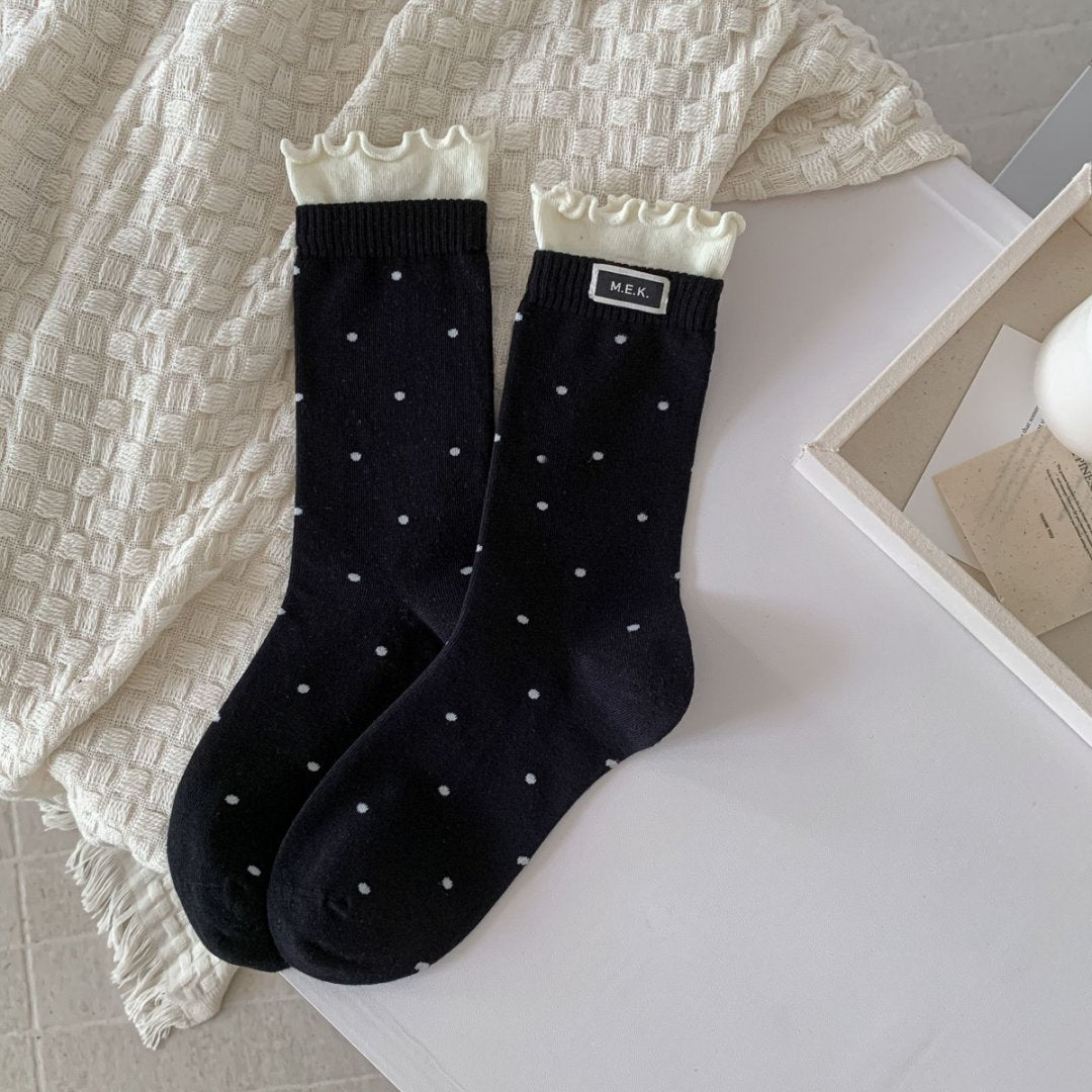 Dotted Lettuce Hem Ribbed Crew Socks - Black