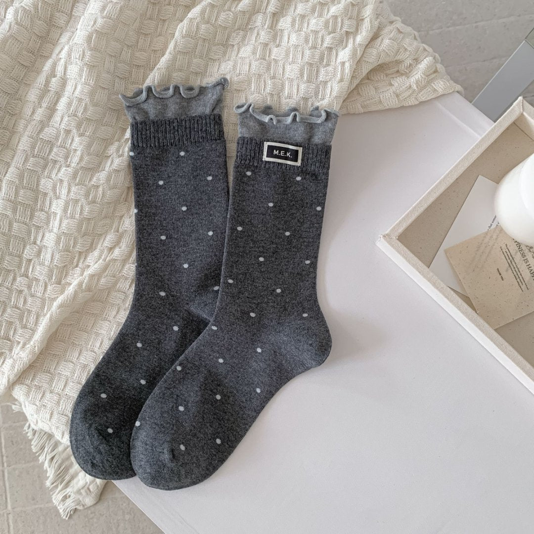 Dotted Lettuce Hem Ribbed Crew Socks - DarkGray