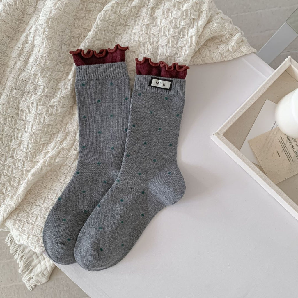 Dotted Lettuce Hem Ribbed Crew Socks - Gray