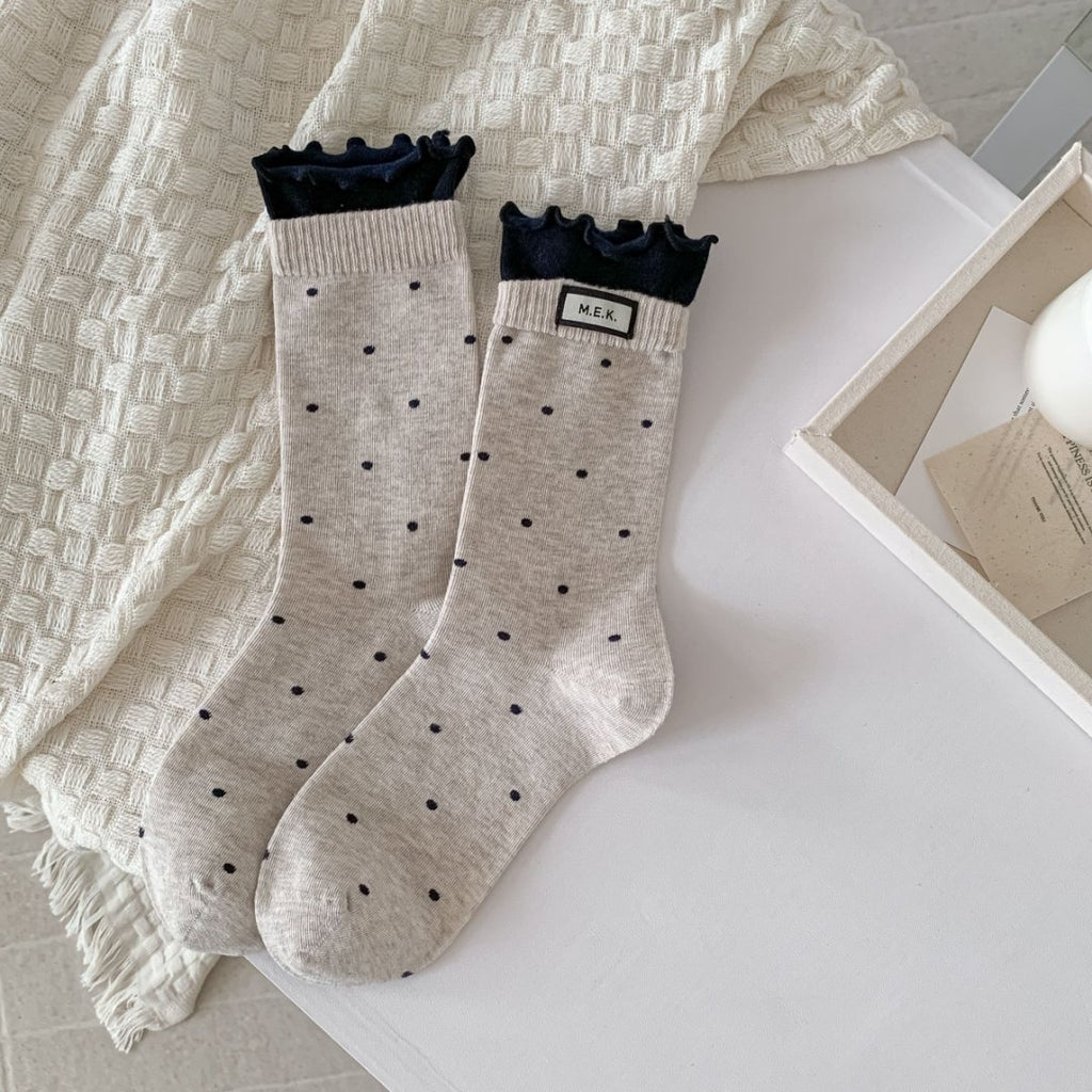 Dotted Lettuce Hem Ribbed Crew Socks - Khaki
