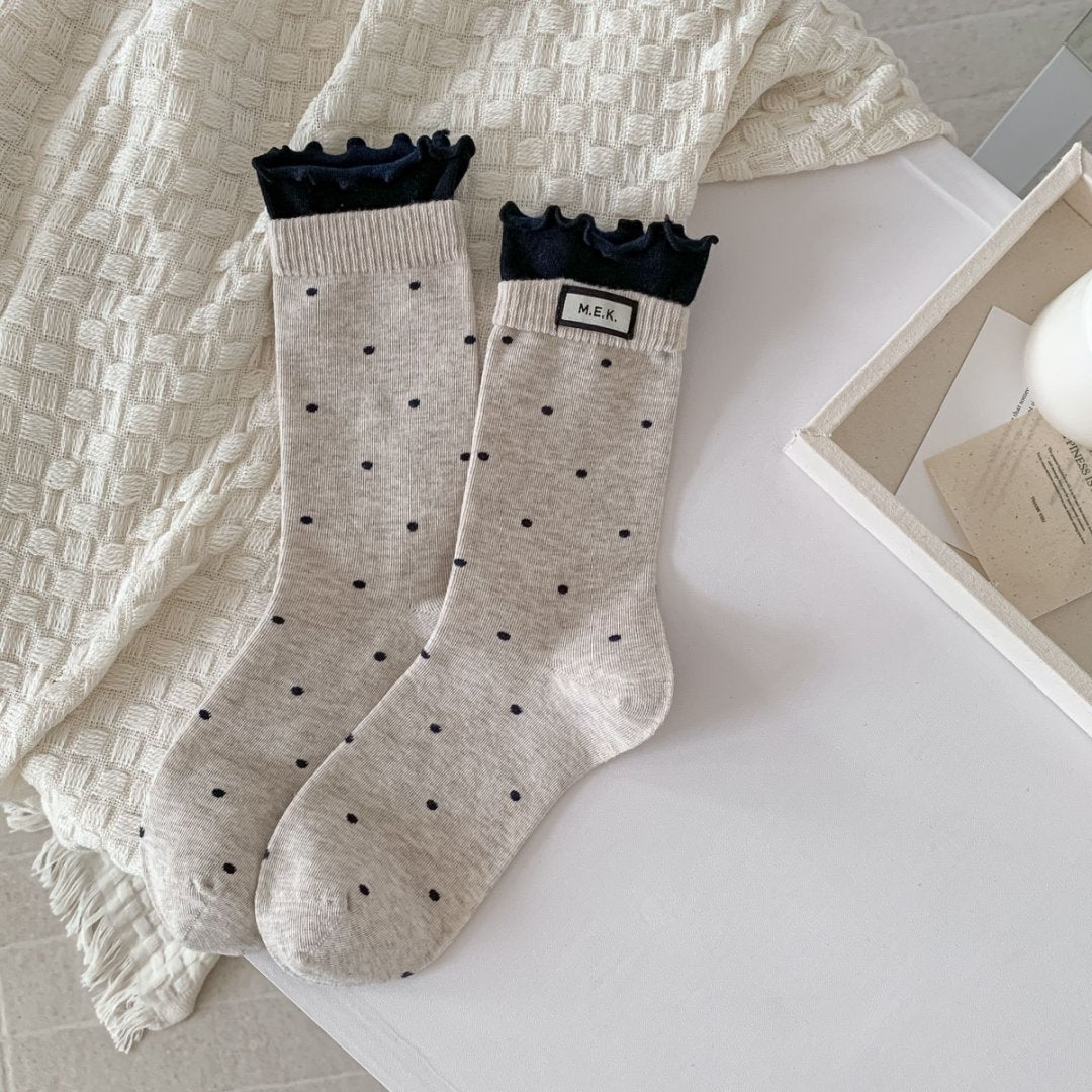 Dotted Lettuce Hem Ribbed Crew Socks - Khaki