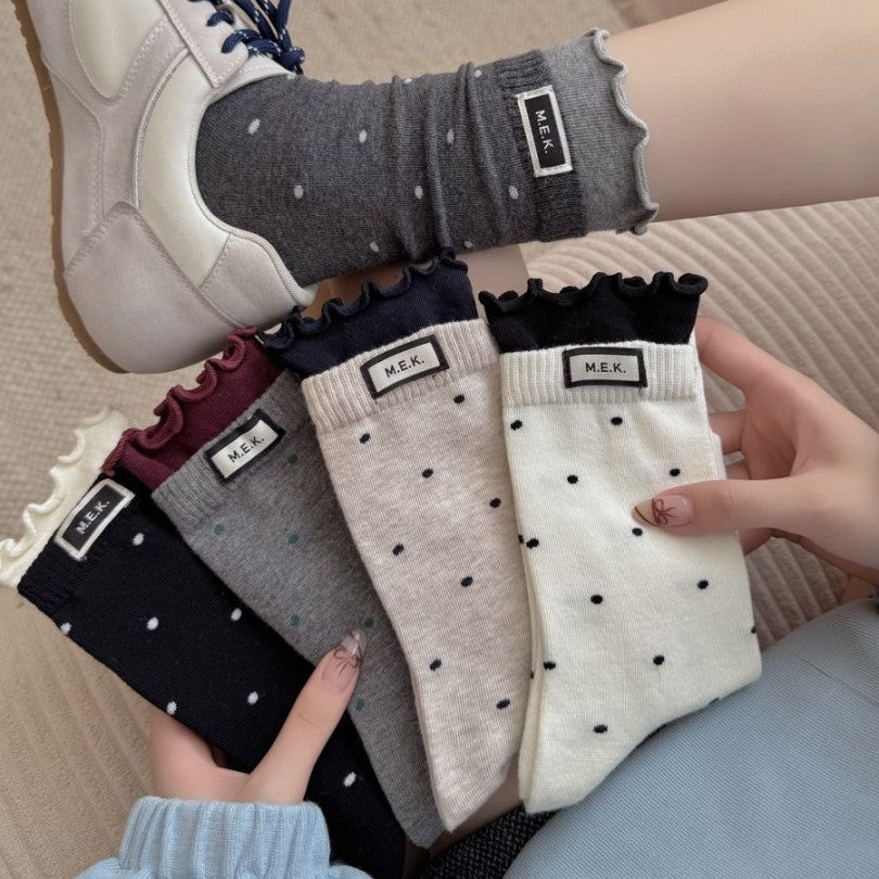 Dotted Lettuce Hem Ribbed Crew Socks - view 1