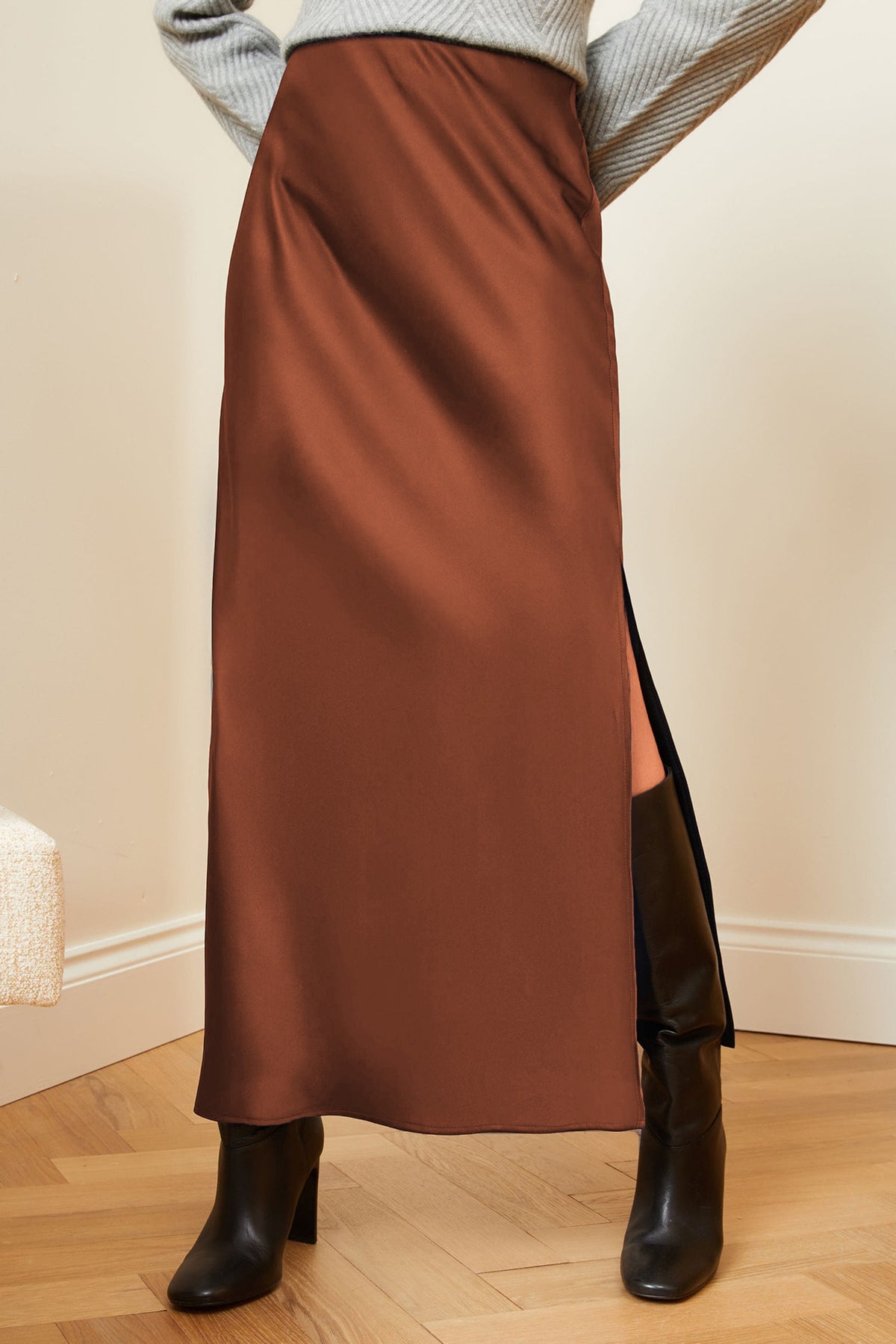 Side Slit Satin Slip Maxi Skirt - Brown - 1