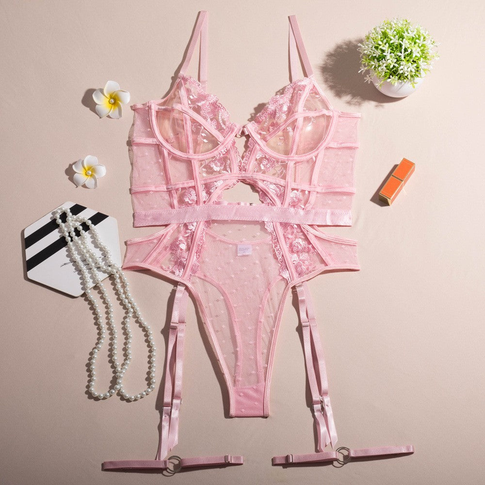 Embroidered Lace Underwire Garter Teddy Bodysuit - Light Pink